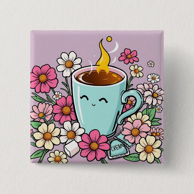 Whimsical Cup of Warm Coffee and Blume Button (Vorderseite)