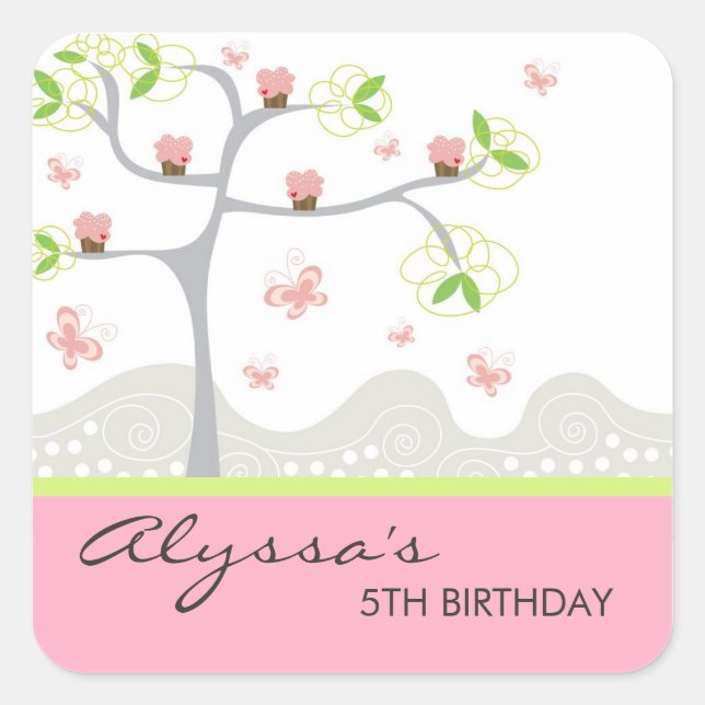 Whimsical Cupcakes Tree Butterflies Sweet Birthday Quadratischer Aufkleber (Vorderseite)
