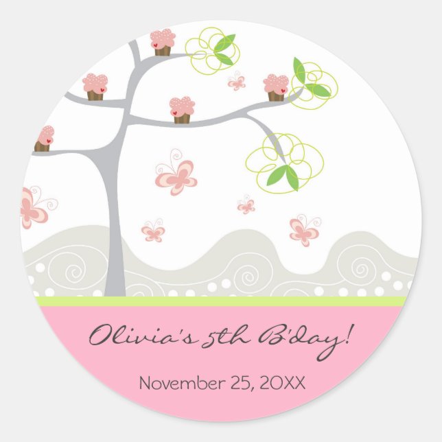 Whimsical Cupcakes Tree Butterflies Sweet Birthday Runder Aufkleber (Vorderseite)