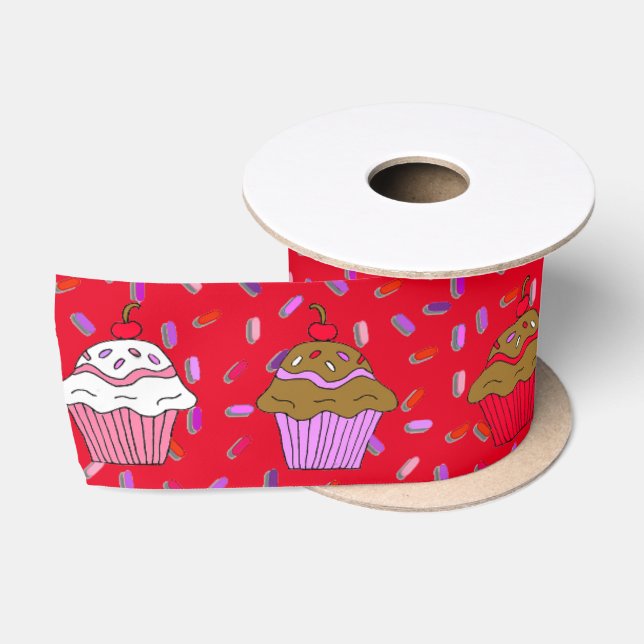 Whimsical Cupcakes und rote und lila Sprinklen Satinband (Spule)