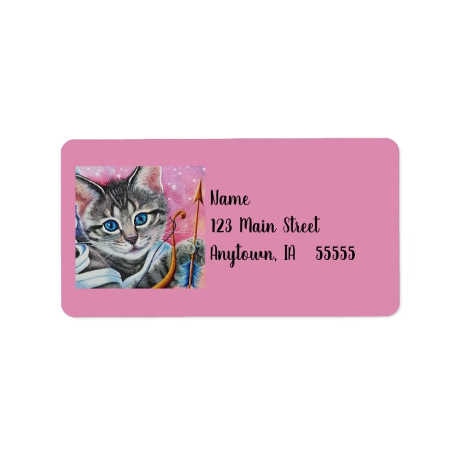 Whimsical Cupid Tabby Kitty Cat Wasserfarbe Kunst Adressaufkleber (Vorne)