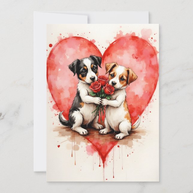 Whimsical Cute Dogs Valentine Hearts and Red Roses Karte (Vorderseite)