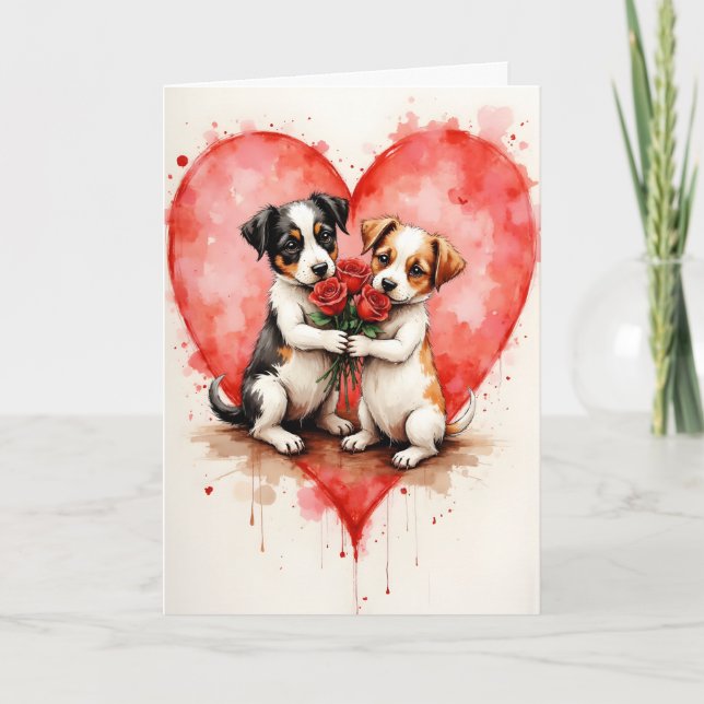 Whimsical Cute Dogs Valentine Hearts and Red Roses Karte (Vorderseite)