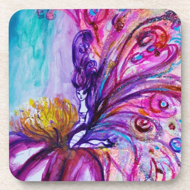 WHIMSICAL CUTE FLOWER FAIRY IN PINK,GOLD SPARKLES UNTERSETZER (Vorderseite)