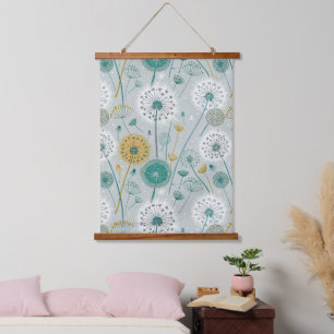 Whimsical Dandela - Gelb, Weiß und Aquamarin Wandteppich Mit Holzrahmen