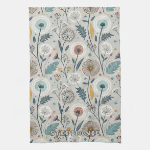 Whimsical Dandelion & Floral Folk Kunst Nahtlos Geschirrtuch