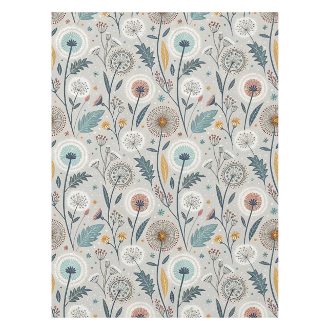 Whimsical Dandelion & Floral Folk Kunst Nahtlos Tischdecke (Vorderseite)