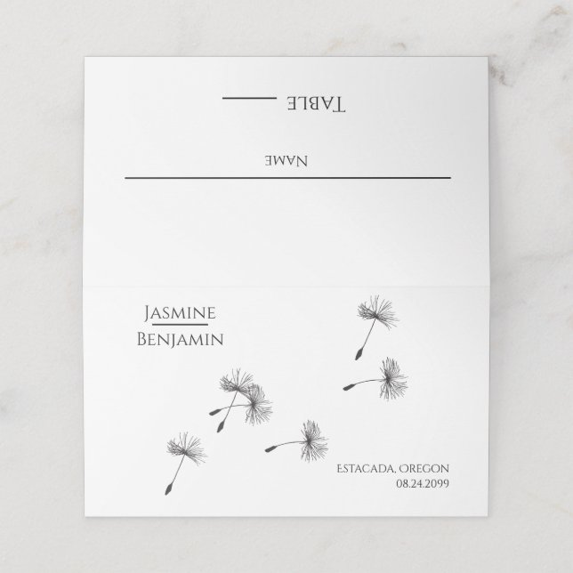 Whimsical Dandelion Wedding Place / Escort Card Platzkarte (Außenseite Aufgefaltet)