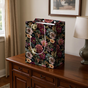 Whimsical Dark Moody Mute Pink und Green Floral Mittlere Geschenktüte