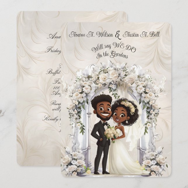 Whimsical Dark Skin Bride Groom Wedding Arch Einladung (Vorne/Hinten)