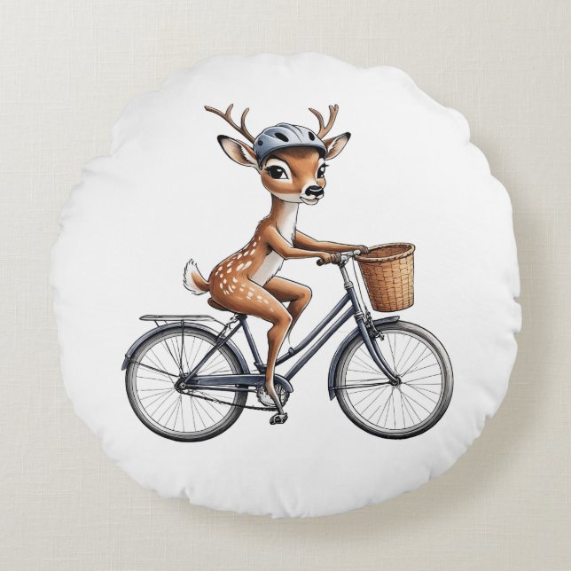 Whimsical Deer Riding a Bicycle - Hand Gezeichnet Rundes Kissen (Vorderseite)