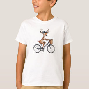 Whimsical Deer Riding a Bicycle - Hand Gezeichnet T-Shirt