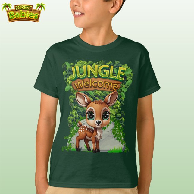 Whimsical Deer Wildlife Doe Graphic Fawn Animal 🦌 T-Shirt (Green Jungle Welcome, Cute Deer T-shirt, Doe Woodland Wildlife Tee, Fawn nature-inspired shirt 🦌)