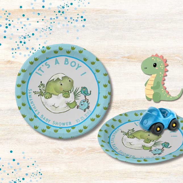Whimsical Dino Egg Hatch Boy Baby Shower  Pappteller (Whimsical Dino Egg Hatch Boy Baby Shower Paper Plates)