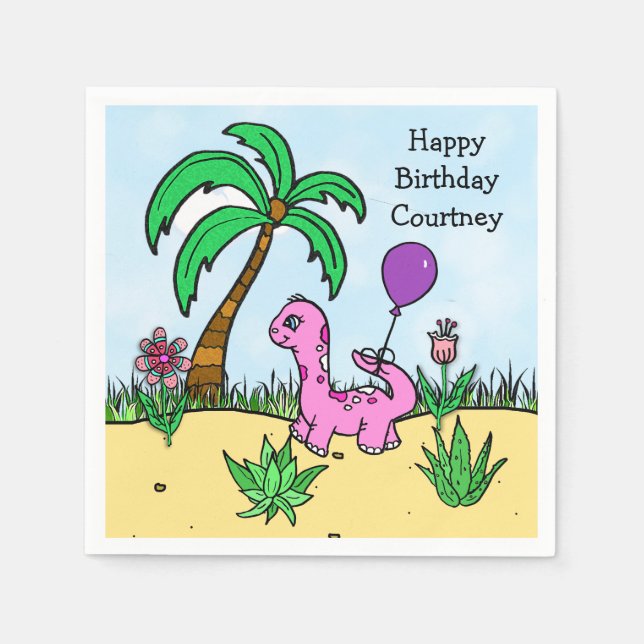 Whimsical Dinosaurier Girl's Birthday Pink Dinosau Serviette (Vorderseite)