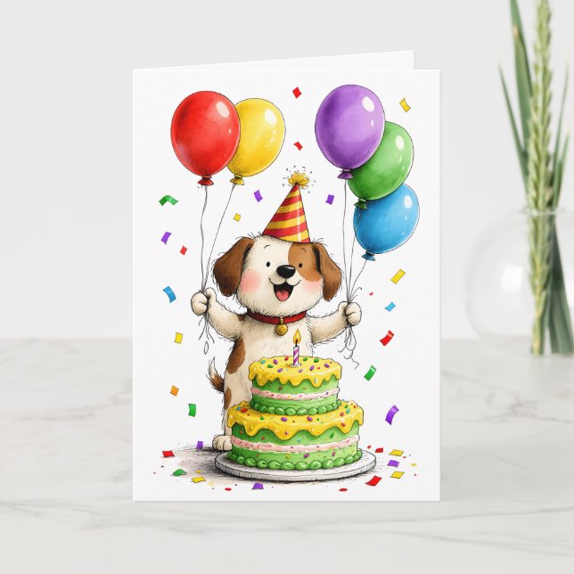 Whimsical Dog Party Hat Cake Balloons Birthday Karte (Vorderseite)