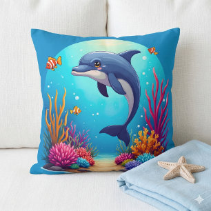 Whimsical Dolphin in einem lebendigen Korallenriff Kissen