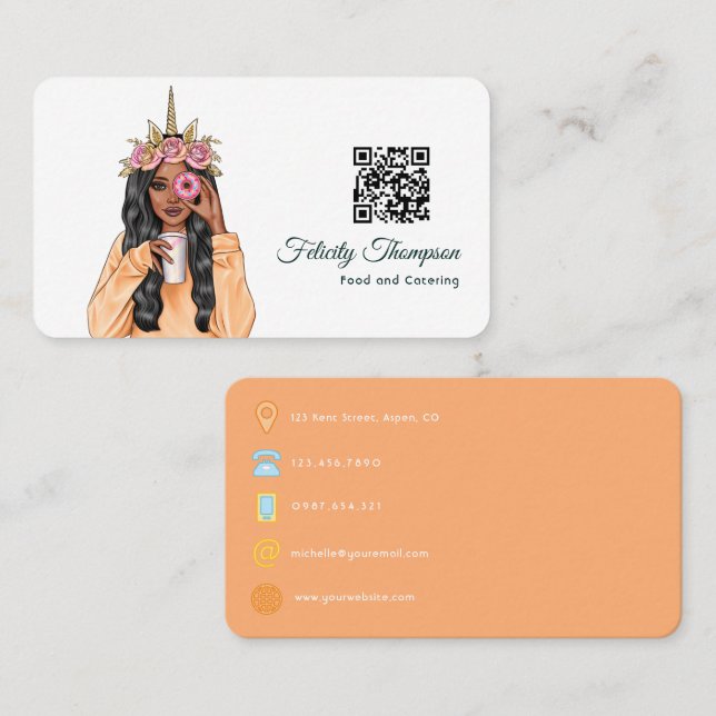 Whimsical Donut Unicorn Lady Food Catering QR Code Visitenkarte (Vorne/Hinten)