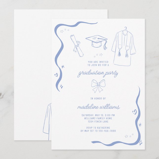 Whimsical Doodle Blue Graduation Party Einladung (Vorne/Hinten)