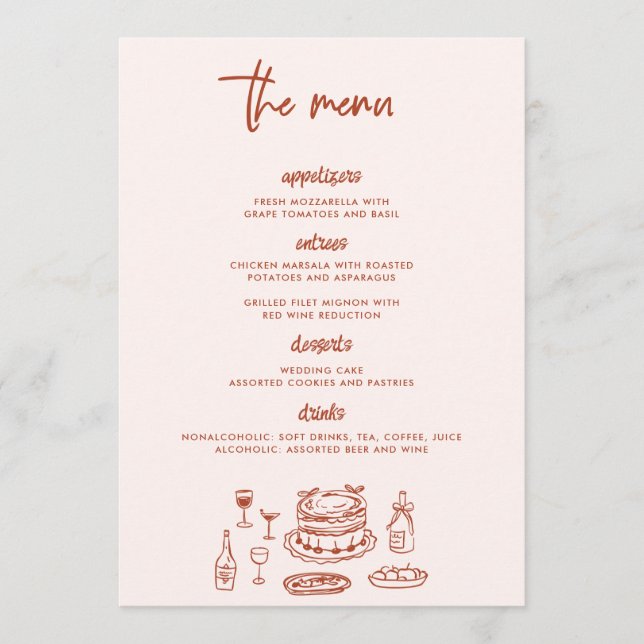 Whimsical Doodle Food Drawing Wedding Menükarte (Vorderseite)