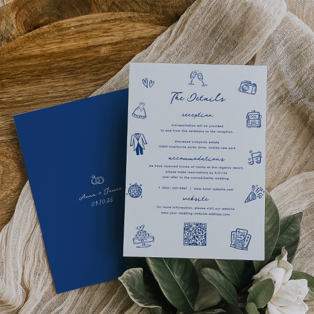 Whimsical Doodle French Blue Wedding Details Card Einladung (Von Creator hochgeladen)