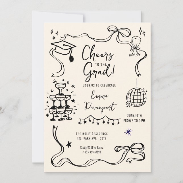 Whimsical Doodle Graduation Party Einladung (Vorderseite)