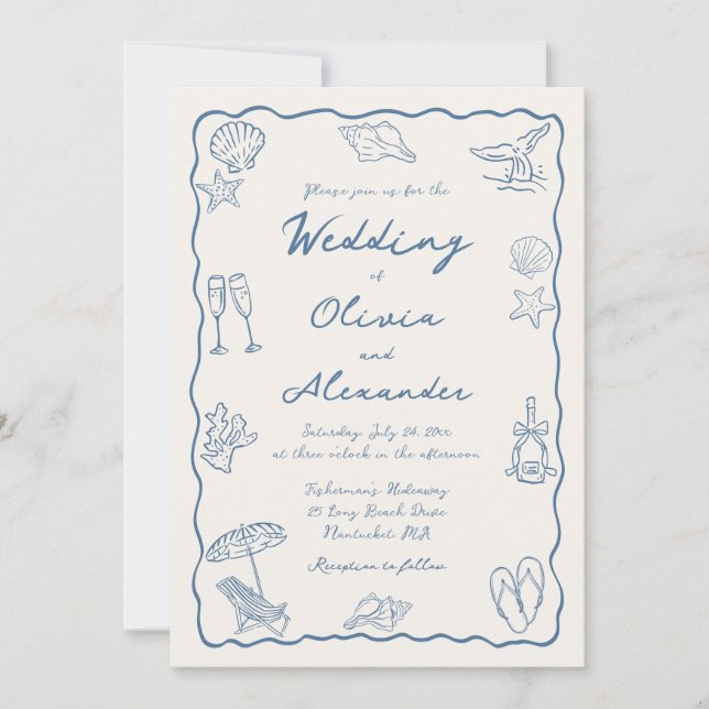 Whimsical Doodle Hand Drawn Coastal Beach Wedding Einladung (Vorderseite)