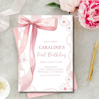 Whimsical Doodle Pink Bow Erster Geburtstag Einladung