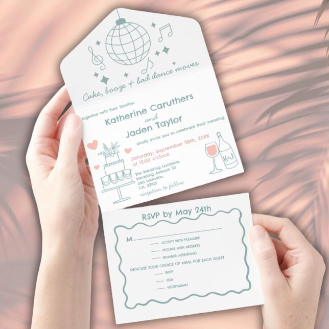 Whimsical doodle styled blue wedding All-in-One-Einladung (Whimsical doodle wedding invitation)