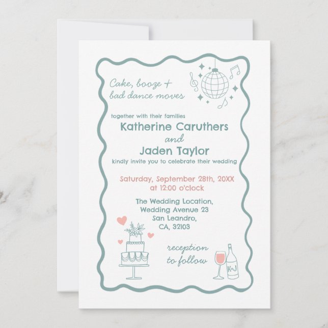 Whimsical doodle styled blue wedding Invitation Einladung (Vorderseite)