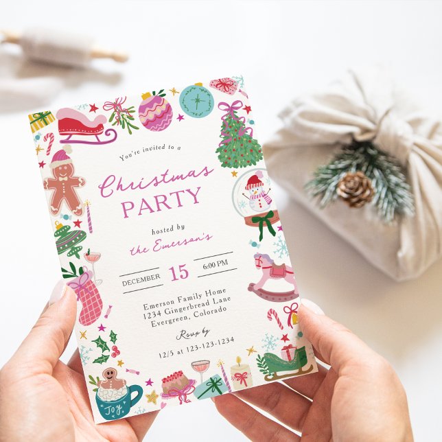 Whimsical Doodles Christmas Party Einladung (Holiday Colorful Whimsical Doodles Christmas Party Invitation by Painted Paperie
)
