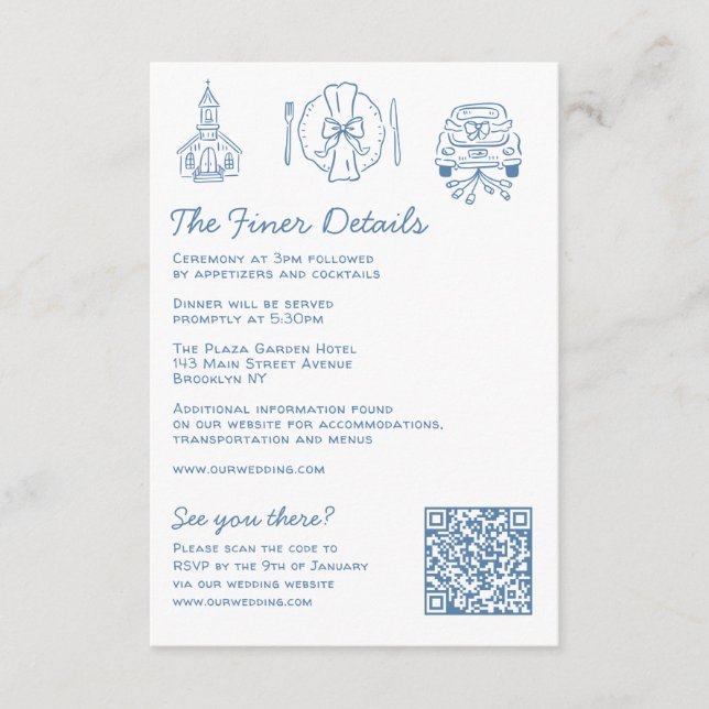Whimsical Doodles Wedding Details UAWG QR Code Begleitkarte (Vorderseite)