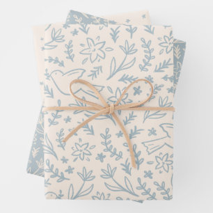 Whimsical Dove & Flowers Religiöses Symbol Blau Geschenkpapier Set