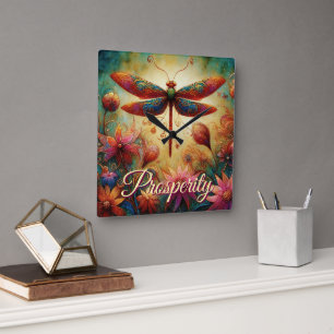 Whimsical Dragonfly Abstrakte Kunst Quadratische Wanduhr