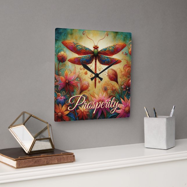 Whimsical Dragonfly Abstrakte Kunst Quadratische Wanduhr (Büro)