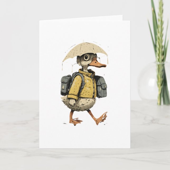 Whimsical Duck Walking in Rain Art Karte (Vorderseite)
