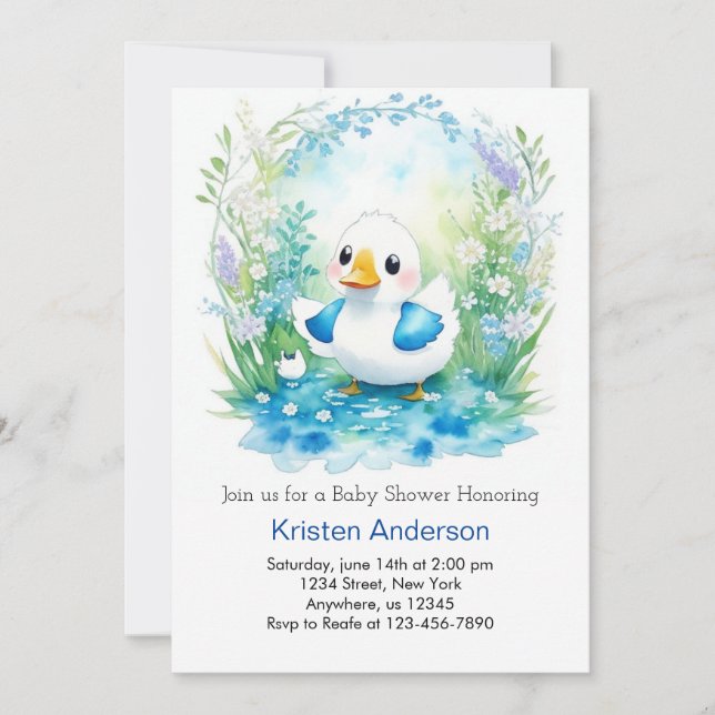 Whimsical Duckling Blue Floral Boy Baby Dusche Einladung (Vorderseite)