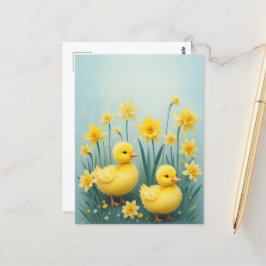 Whimsical Duckling Duo mit Affodien Postkarte