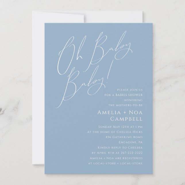 Whimsical Dusty Blue Oh Baby Baby! Joint Shower Einladung (Vorderseite)