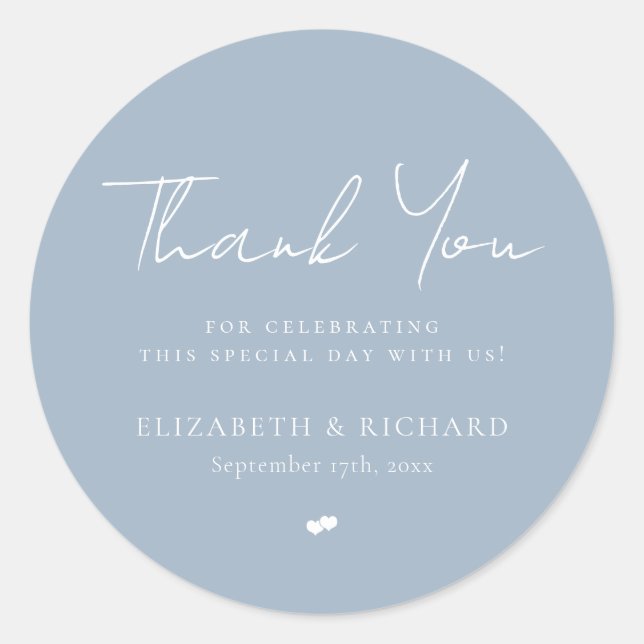 Whimsical Dusty Blue Script danke Ihnen Hochzeit Runder Aufkleber (Vorderseite)