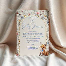 Whimsical Dusty Blue Woodland Fox Baby Dusche Einladung
