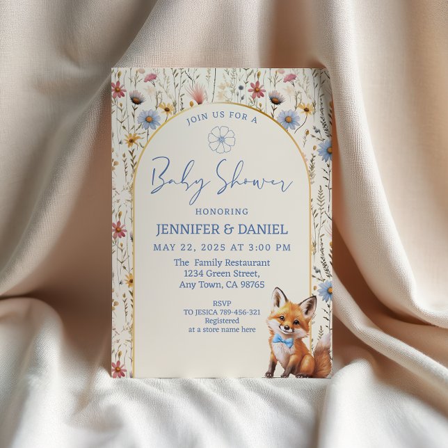 Whimsical Dusty Blue Woodland Fox Baby Dusche Einladung (Von Creator hochgeladen)