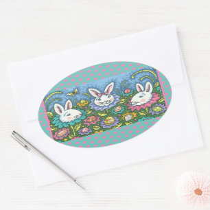 WHIMSICAL EASTER EGG GARTEN, KANINCHEN BLUMEN  OVALER AUFKLEBER