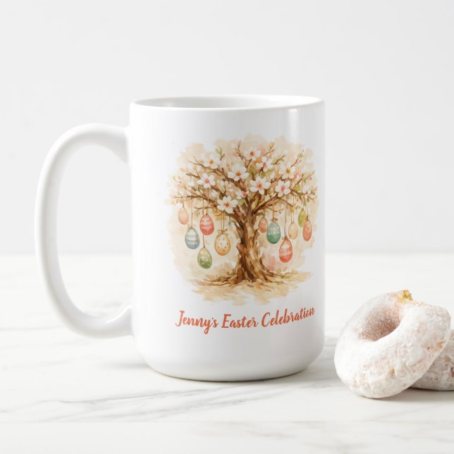 Whimsical Easter Mug with Blooming Tree and Eggs Kaffeetasse (Mit Donut)