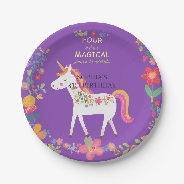 Whimsical Einhorn & Blume Einladung Pappteller (Vorderseite)