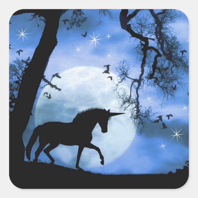 Whimsical Einhorn und Mondnachtsticker Quadratischer Aufkleber (Vorderseite)