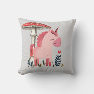 Whimsical Einhorn unter Pilzschirm Quadrat P Kissen