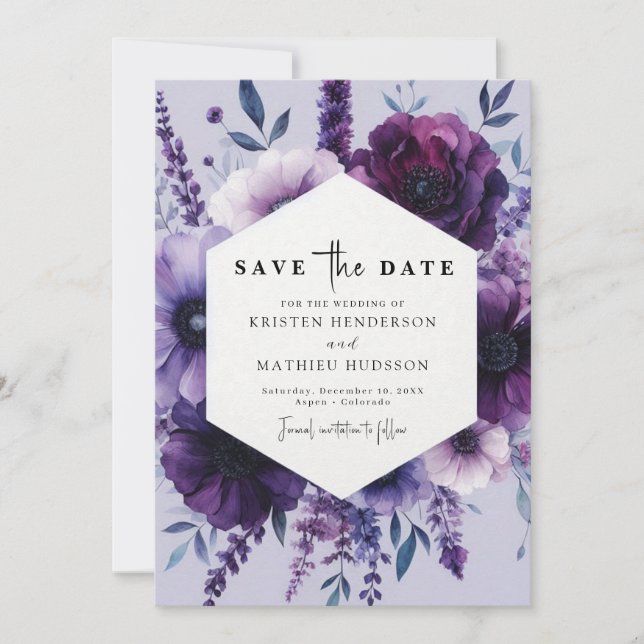 Whimsical Einzigartig Lila Blumenhochzeit Save The Date (Vorderseite)