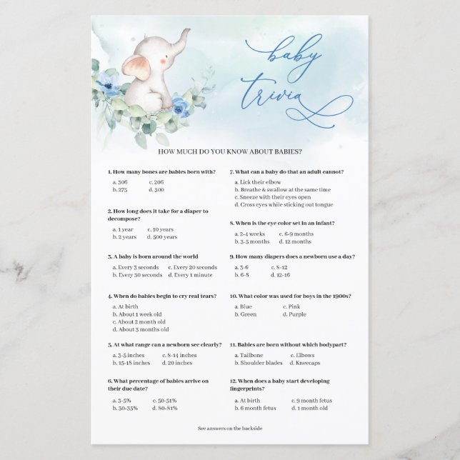 Whimsical Elefant Dusty Blue Baby Trivia Spiel (Vorderseite)