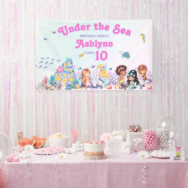 Whimsical & Elegant cute Kawaii Mermaid Birthday  Banner (Party)